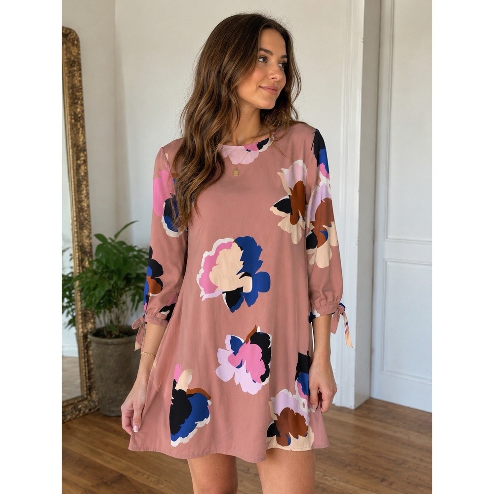 A New Day Floral Shift Dress M Blush Pink Long Sleeve Office Career Cocktail